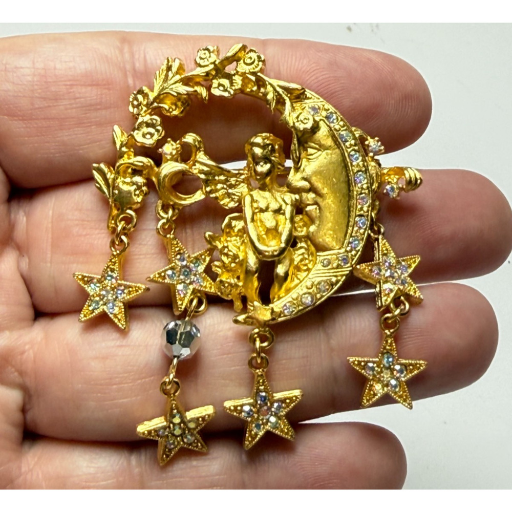 Kirks Folly Celestial Brooch Cherub Angel Crescent Moon Star AB Dangles Pin Gold - Picture 3 of 6